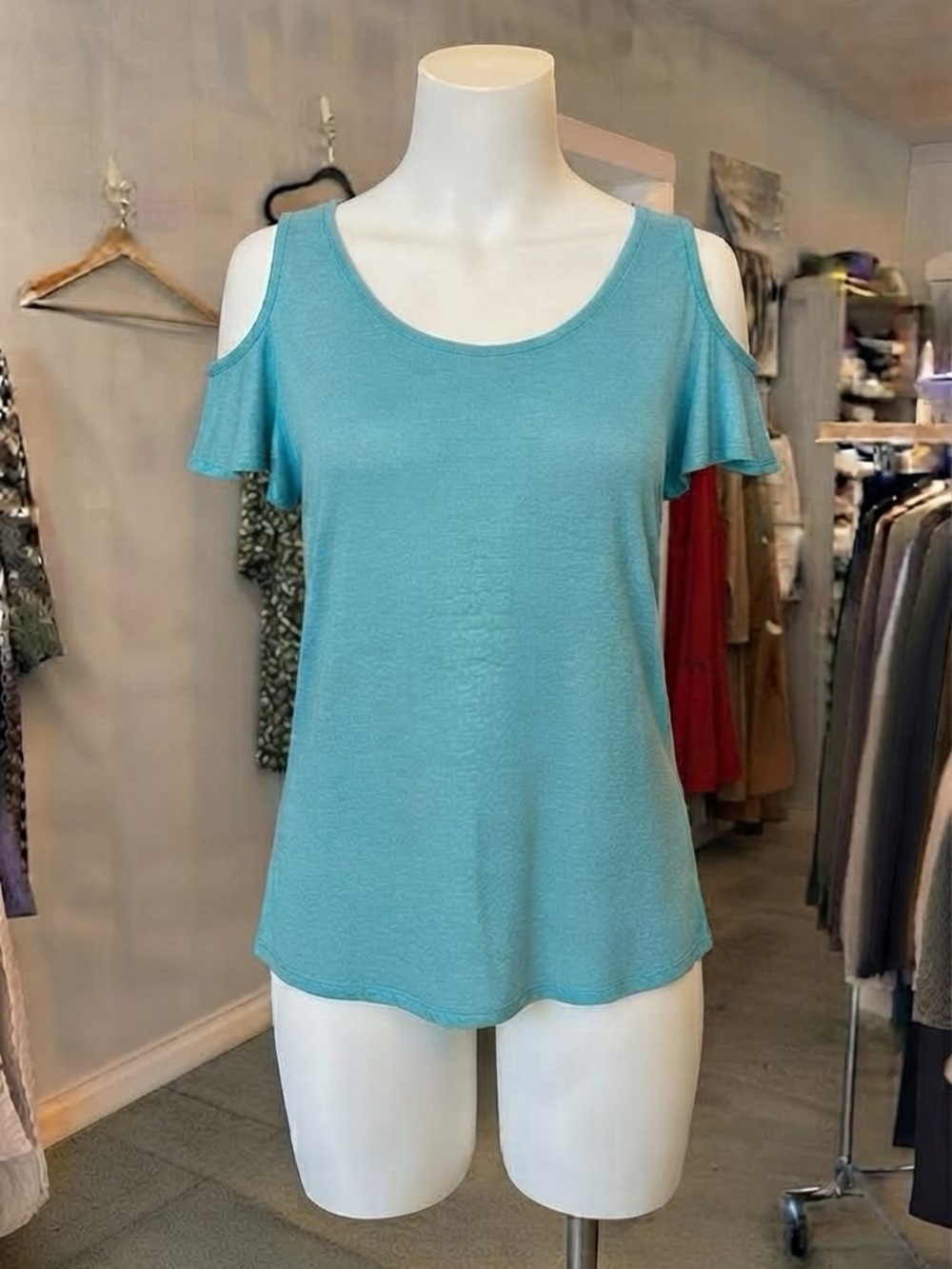 Tahari Alexandria Knit Turquoise Aqua Cutout Shoulder T Shirt Top Size Small